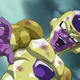 Dragon Ball Super villain Frieza, cackling in his golden form, prepares to unleash his attack.